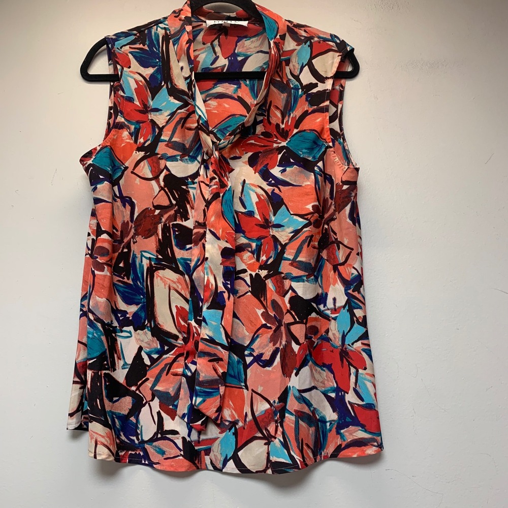 Kasper Blouse Womens Large Multicolor Excellent Abstract Floral Tie Neck 9857